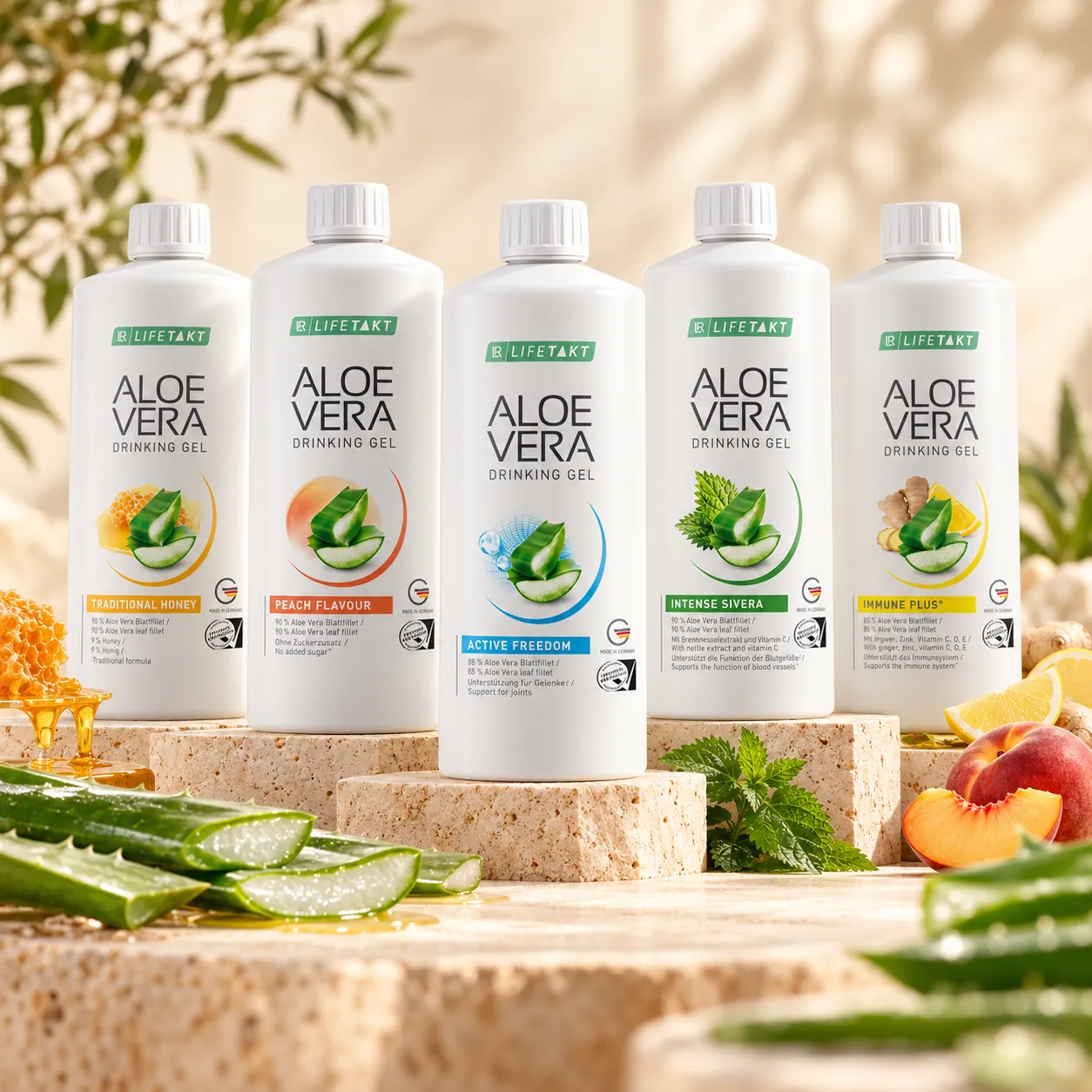 Pět pitných gelů LR Aloe Vera: Traditional s medem, Broskev, Active Freedom, Intense Sivera a Immune Plus