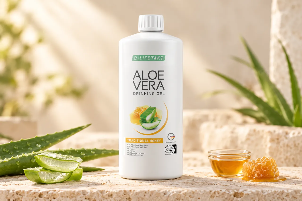 Aloe Vera Drinking Gel Traditional s medem v ilustrační produktové fotografii